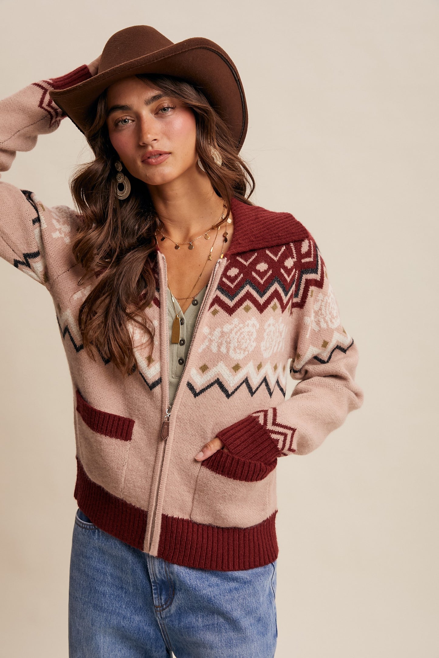 Retro Floral Knit Zip-Up Cardigan