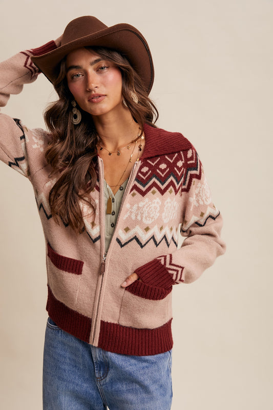 Retro Floral Knit Zip-Up Cardigan
