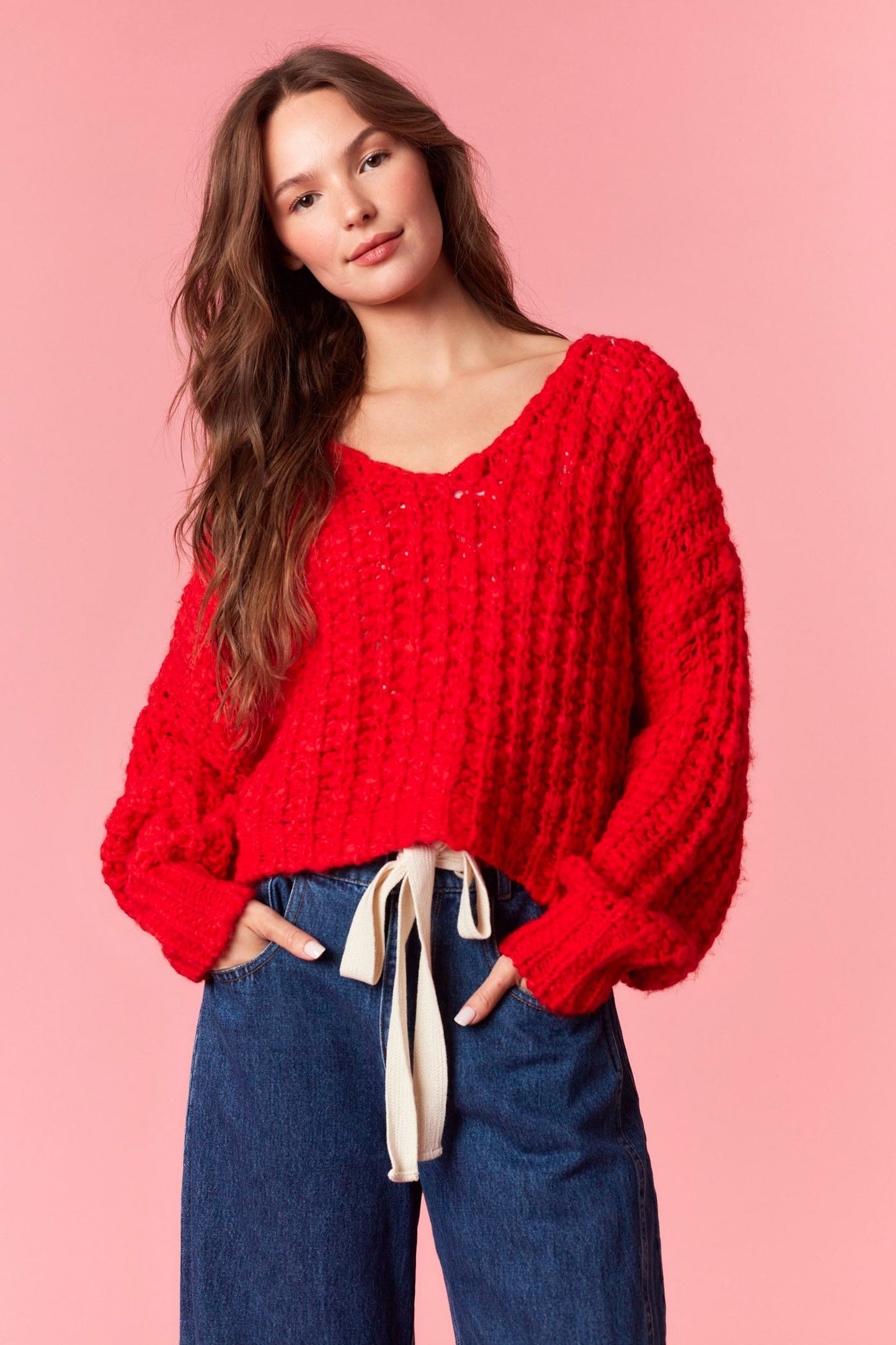 Popcorn V Neck Cropped Sweater