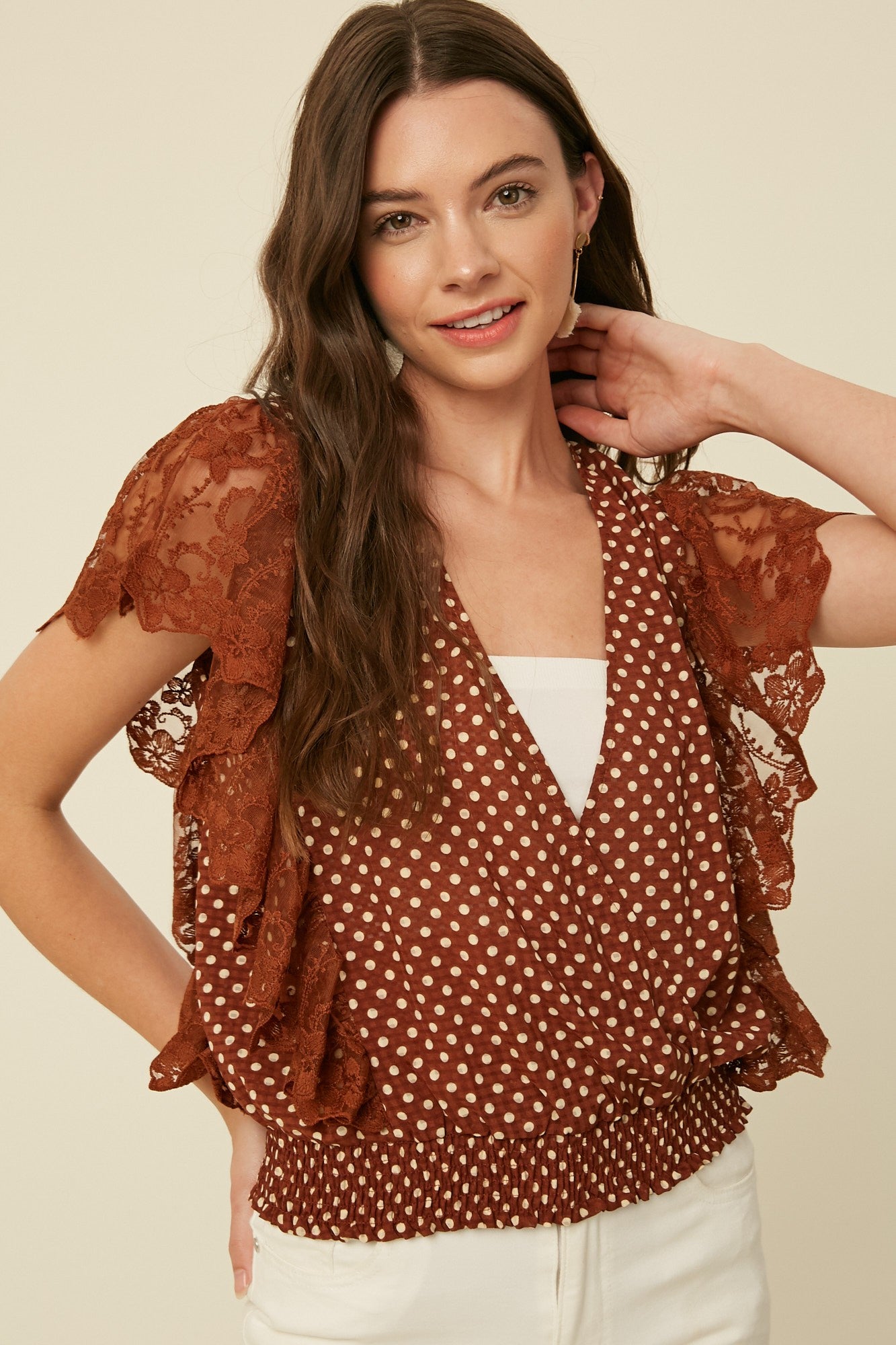 Noelle Polka Dot Lace Ruffle Top