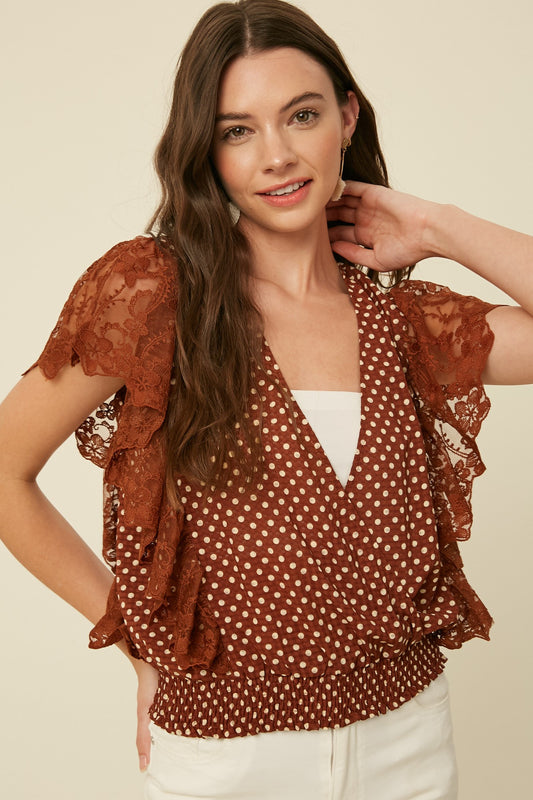 Noelle Polka Dot Lace Ruffle Top