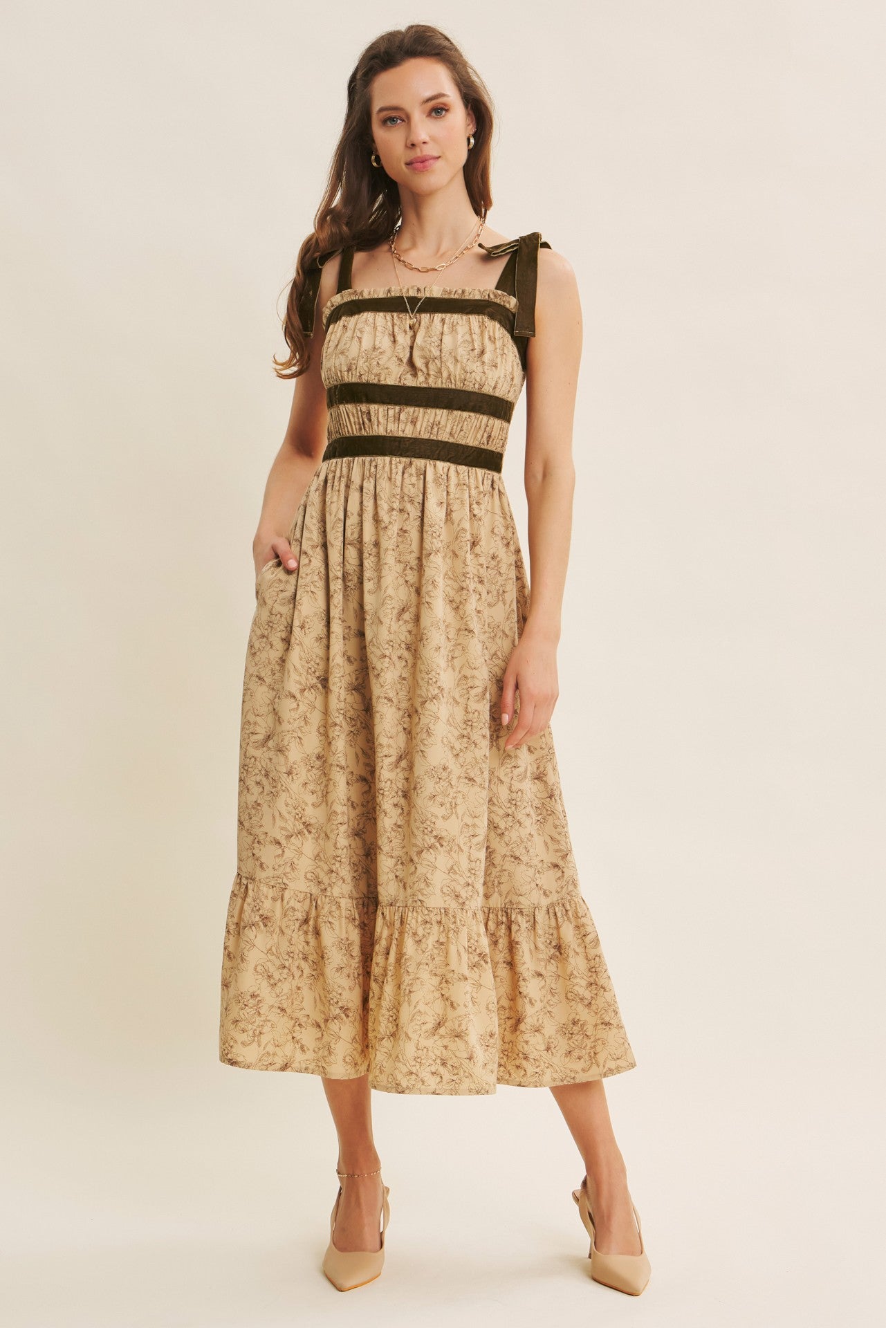 Romantic Velvet Tied Floral Smocked Midi Dress