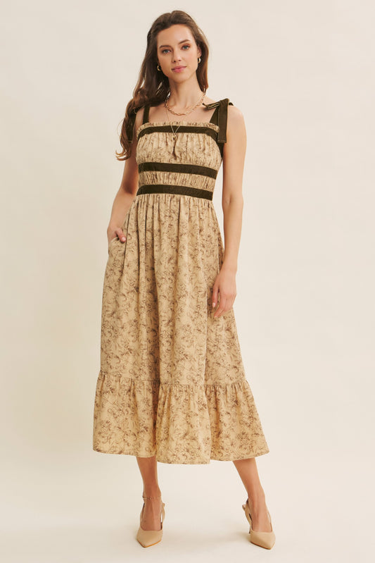 Romantic Velvet Tied Floral Smocked Midi Dress
