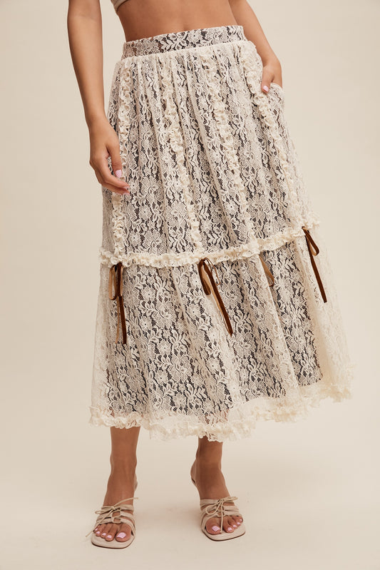 Lace Midi Skirt w/Ribbon Details