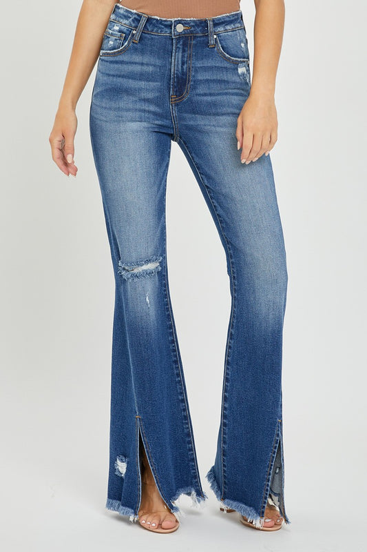 Front Slit Frayed Flare Jeans