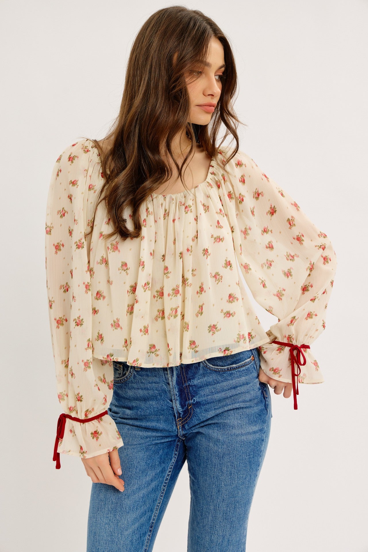 Dreamy Crinkle Chiffon Scattered Floral Blouse
