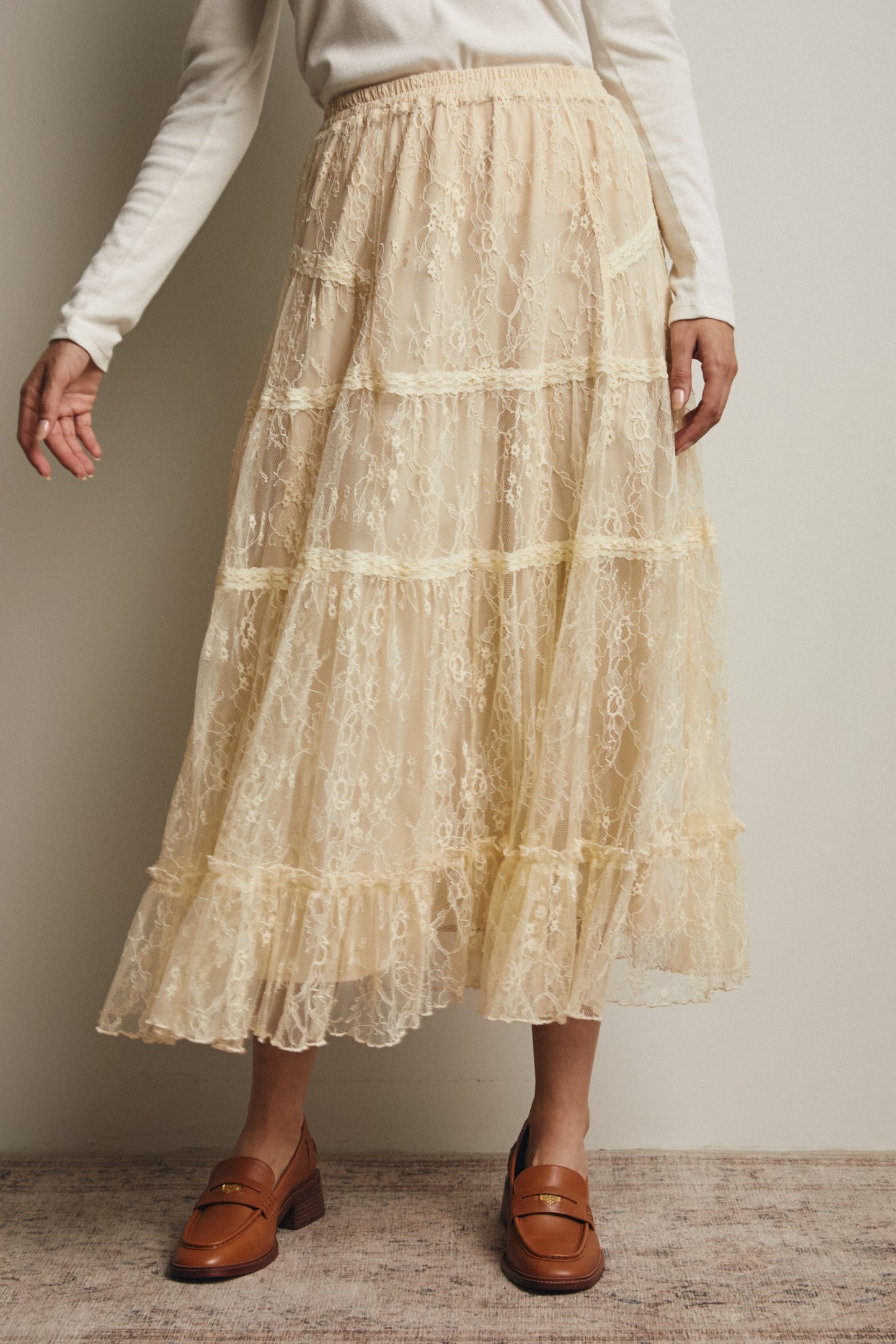 Jaycee Tiered Lace Midi Skirt