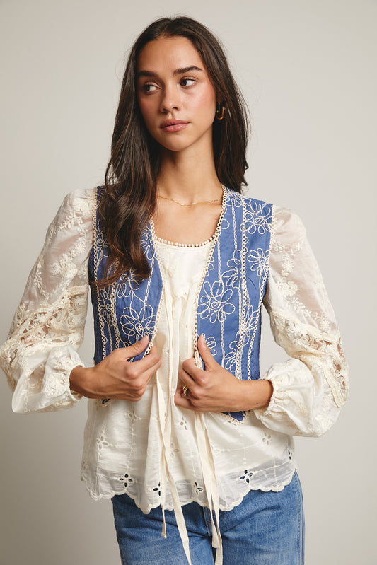 Embroidered Tie Front Boho Vest