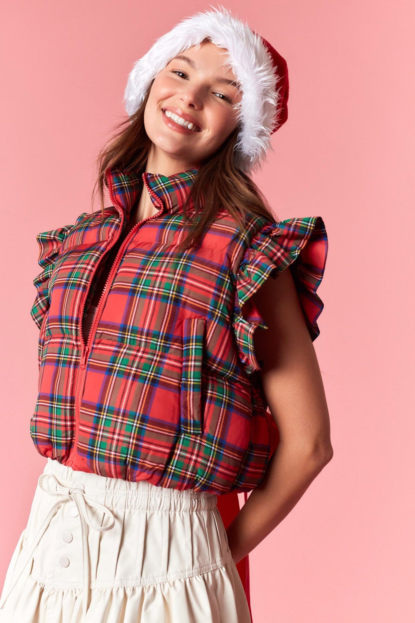 Holiday Plaid Puffer Vest w/Back Satin Bow