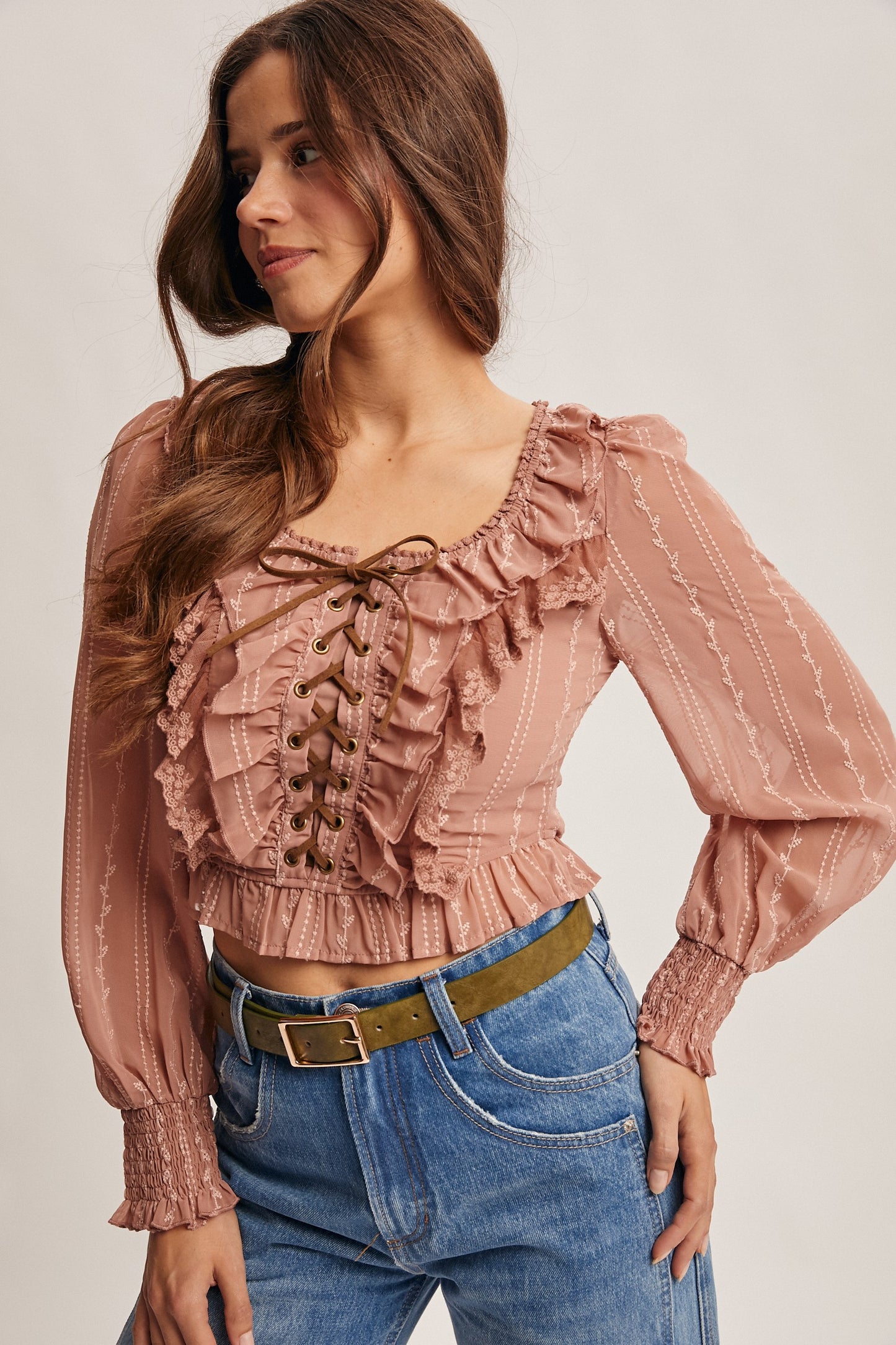 Ruffle Lace Up Smocked Blouse