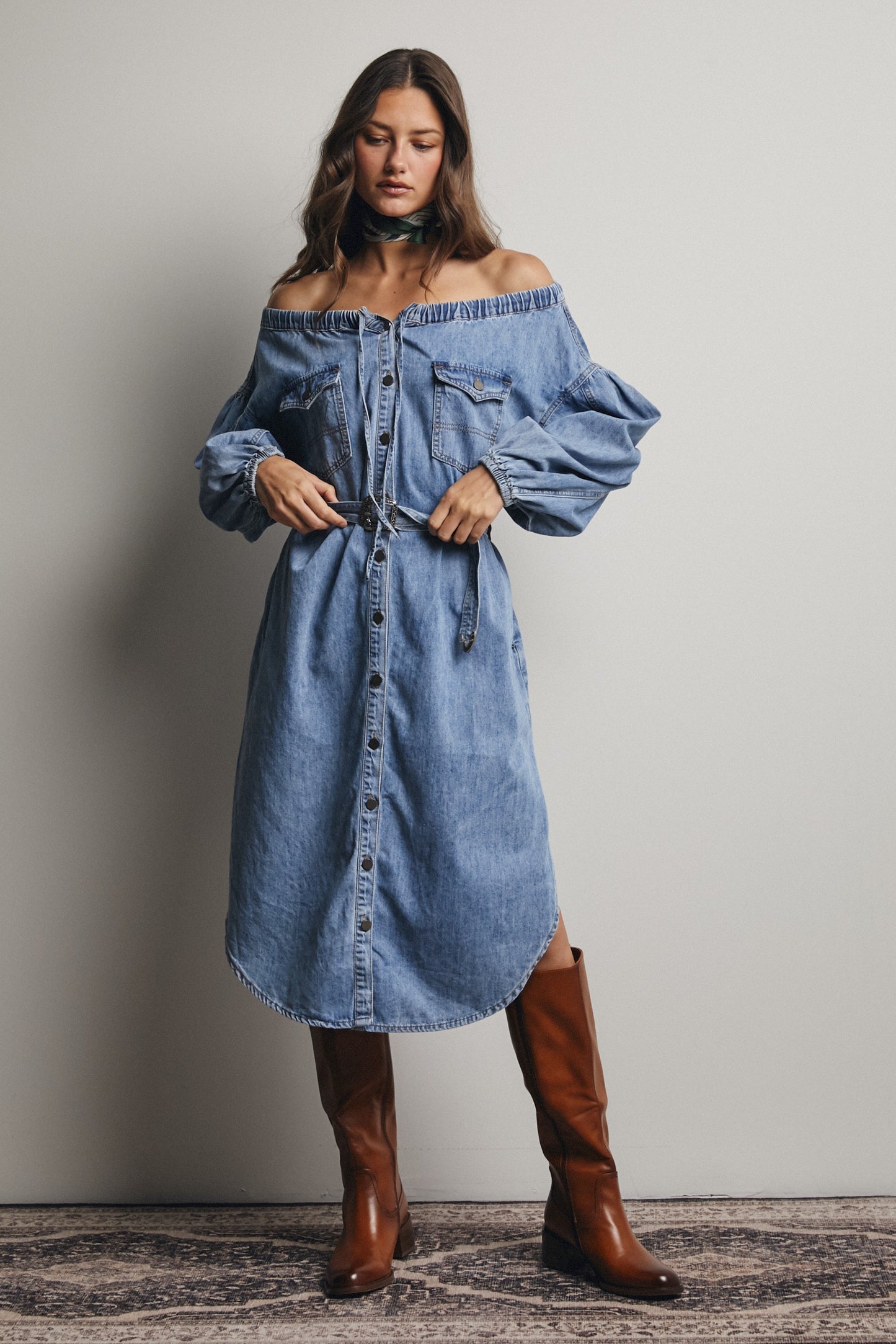 Off Shoulder Belted Denim Shirt Dress