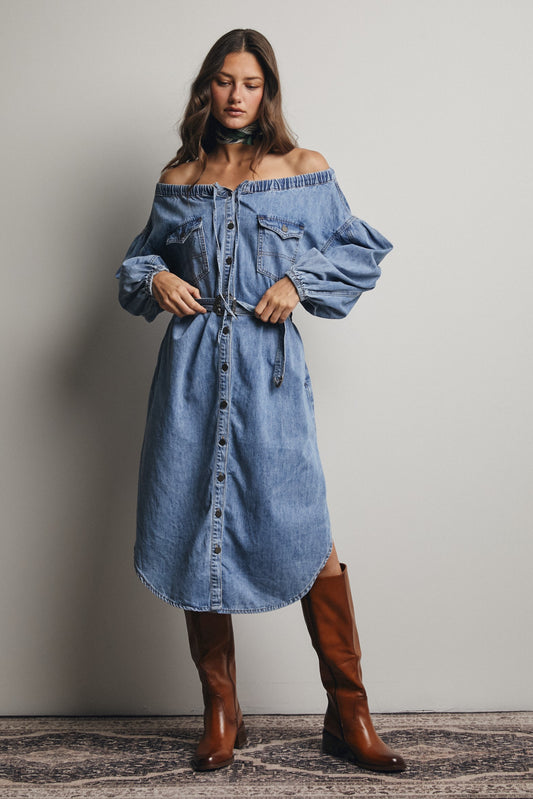 Off Shoulder Belted Denim Shirt Dress