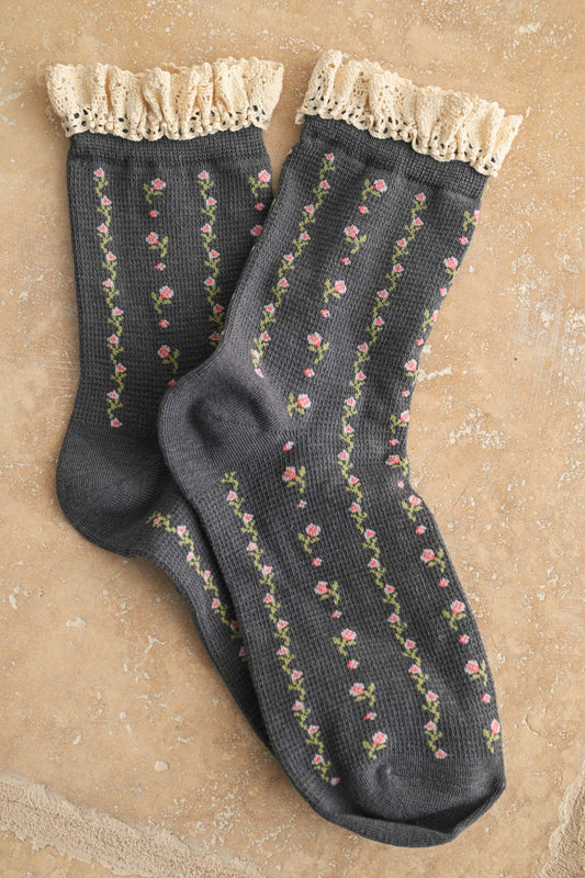 Floral Print Crochet Trim Socks