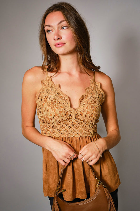 Lace Bralette Faux Suede Top