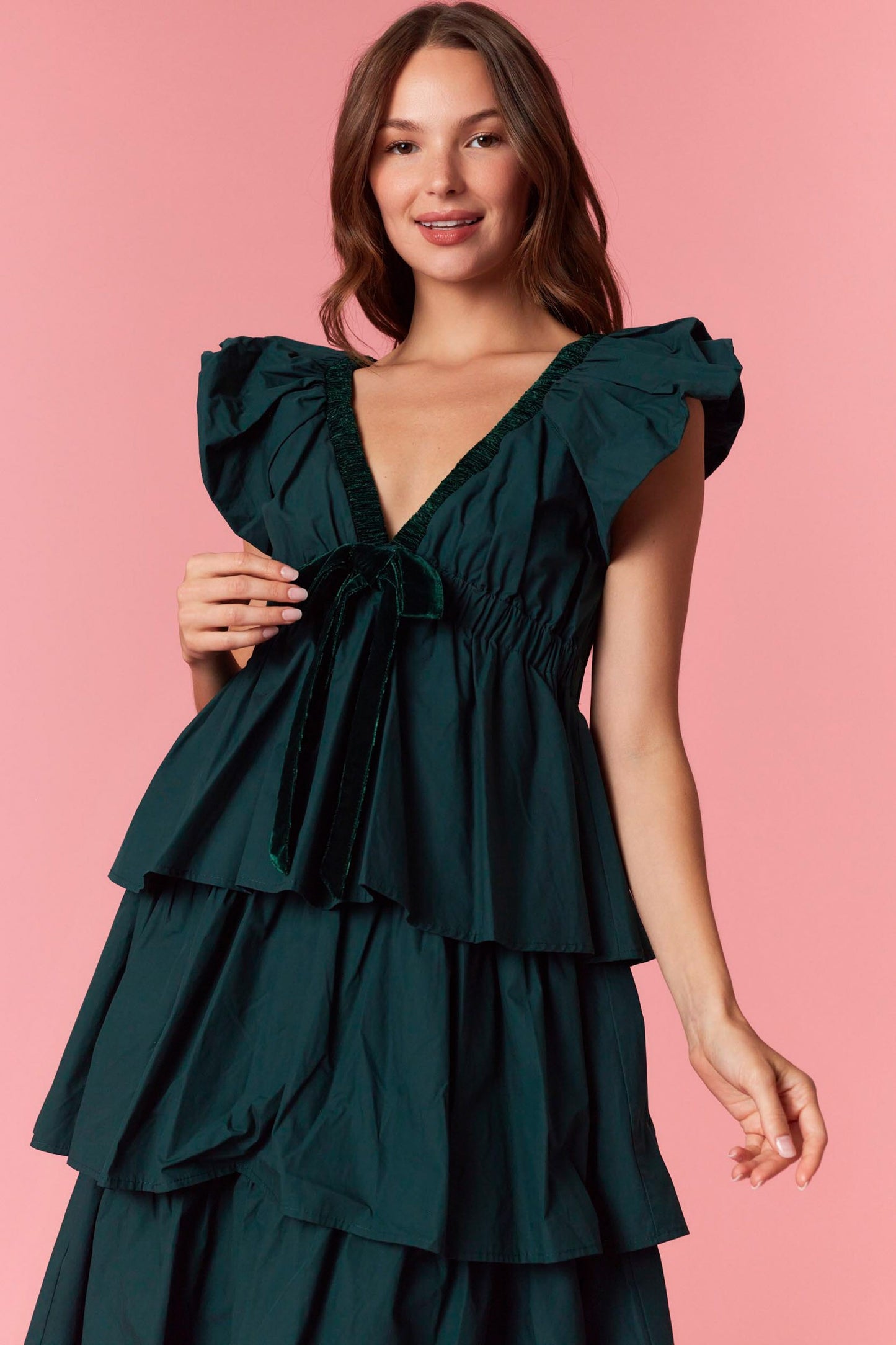 Velvet V Neck/Bow Ruffled Midi Dress