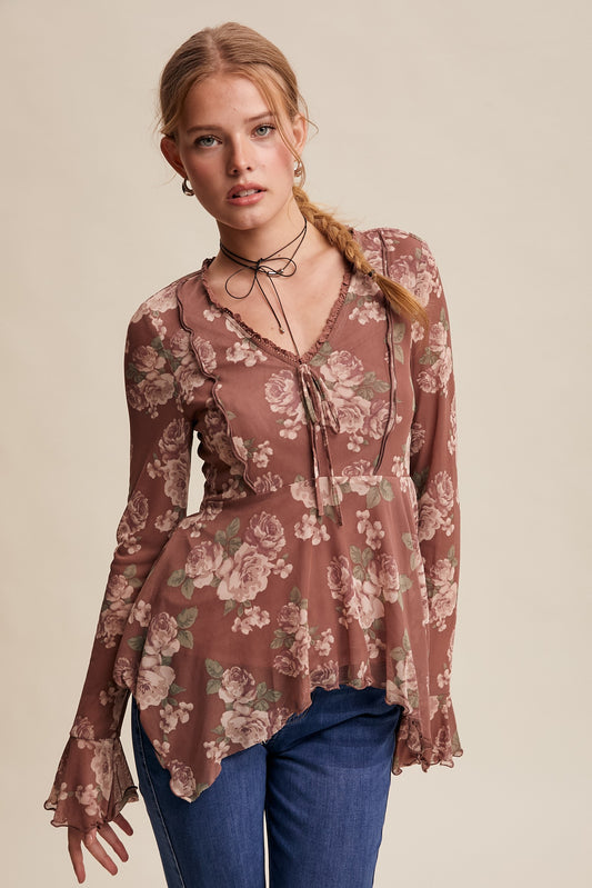 Floral Mesh Handkerchief Blouse