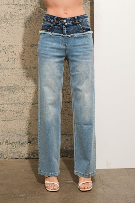 Layered Raw Cut Waistband Mid Rise Jean