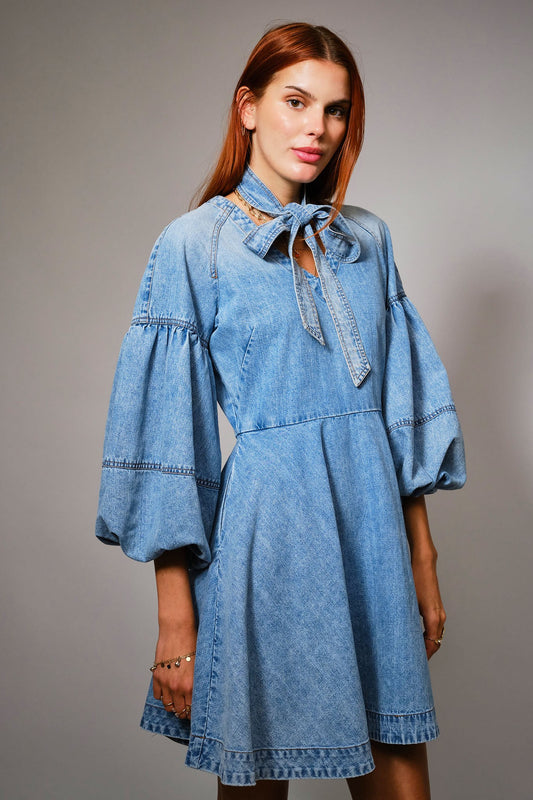 Tie Neck Balloon Sleeve Denim Dress