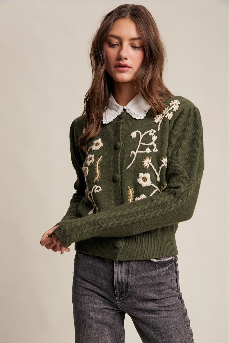 Heriloom Floral Embroidered Puff Sleeve Cardigan