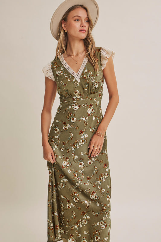 Olive Blossom Scallop Lace Satin Maxi Dress