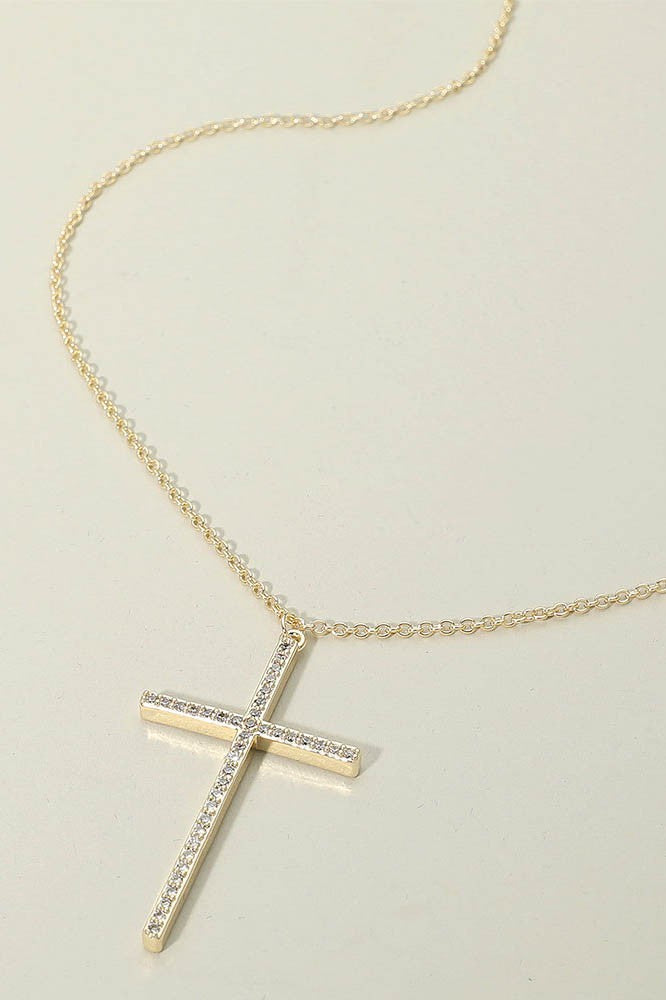 14K Gold Plated Cz Stone Paved Cross Necklace