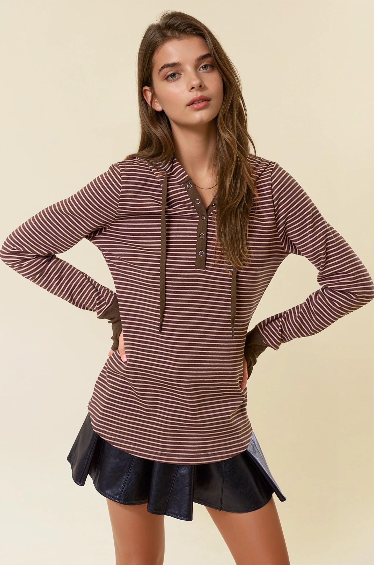 Henley Ribbed Hooded Top