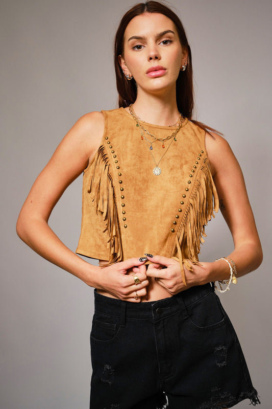 Faux Suede Fringe Crop Top