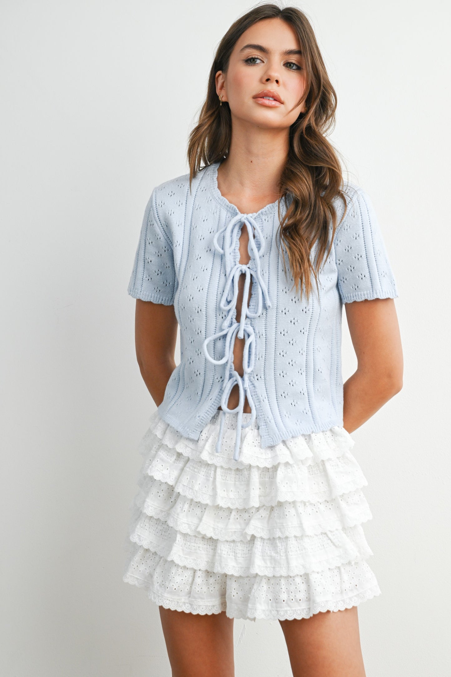 Tie Front Pointelle Knit Top