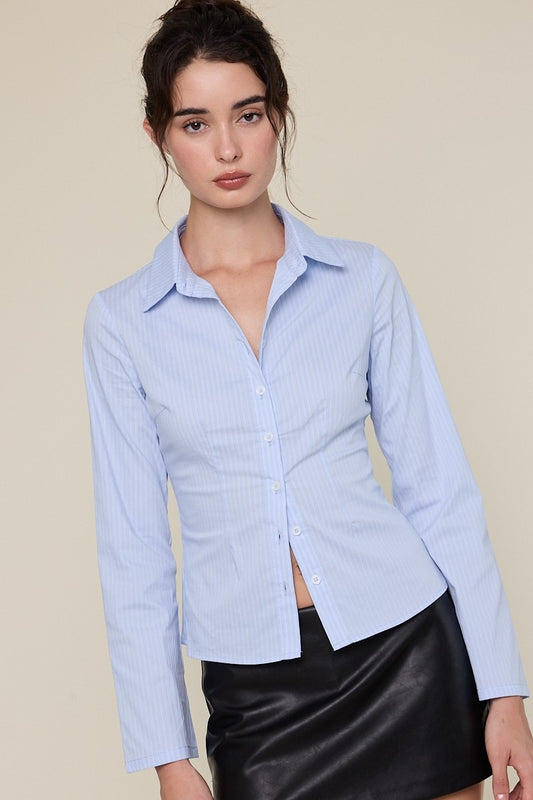 Pinstripe Flare Sleeve Button Down Top