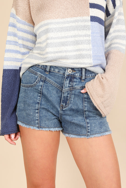 V Front Frayed Denim Shorts