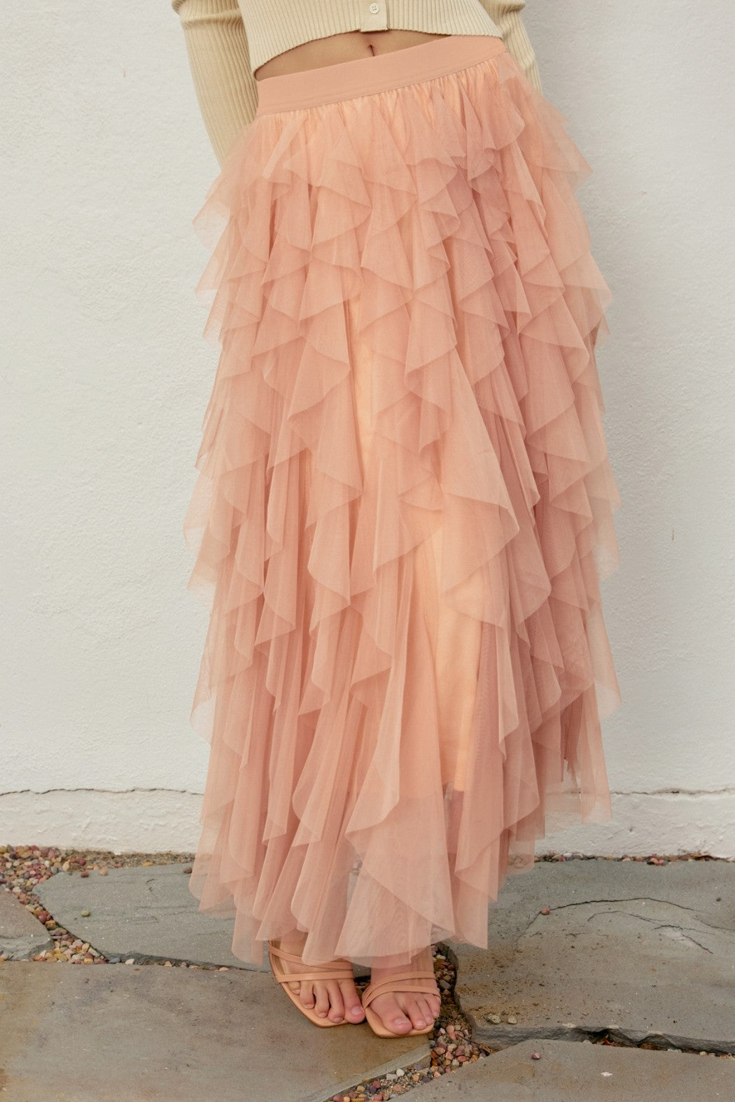 Peony Veil Elastic Ruffled Maxi Skirt