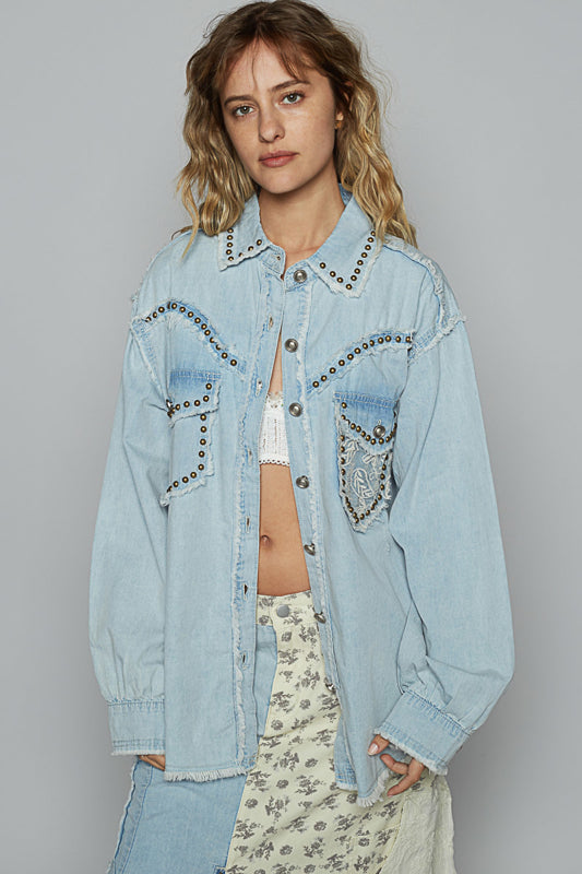 Western Studded Denim & Lace Top