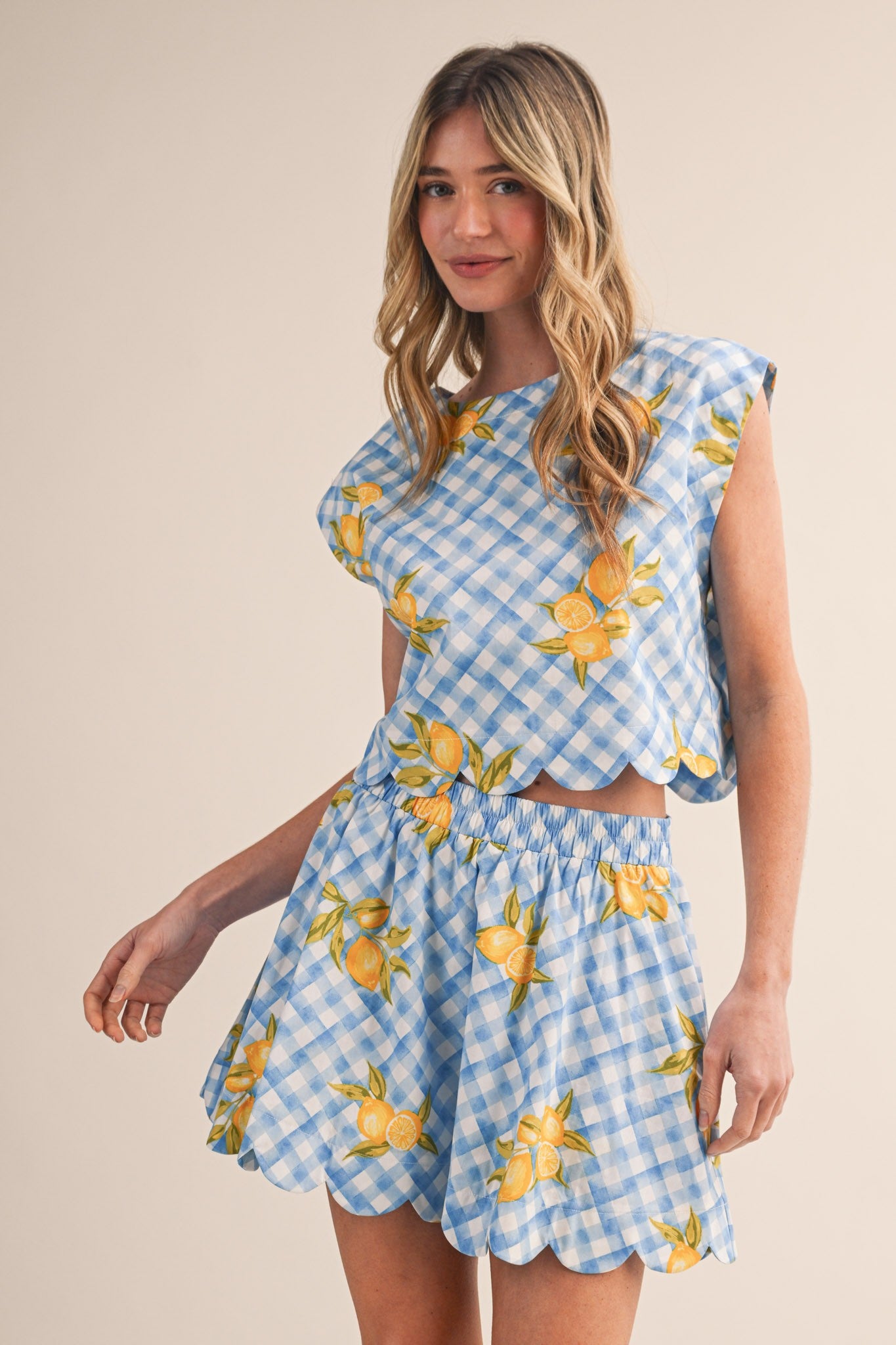 Gingham Lemon Scalloped Top & Mini Skort Set