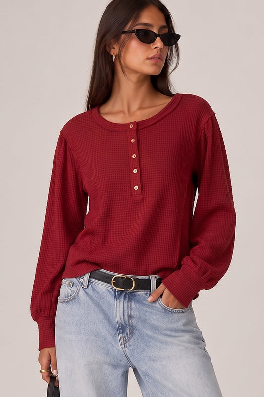 Jaslyn Waffle Knit Henley Top