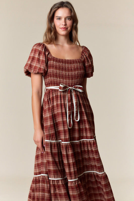 Plaid Smocked Tiered Midi Dress