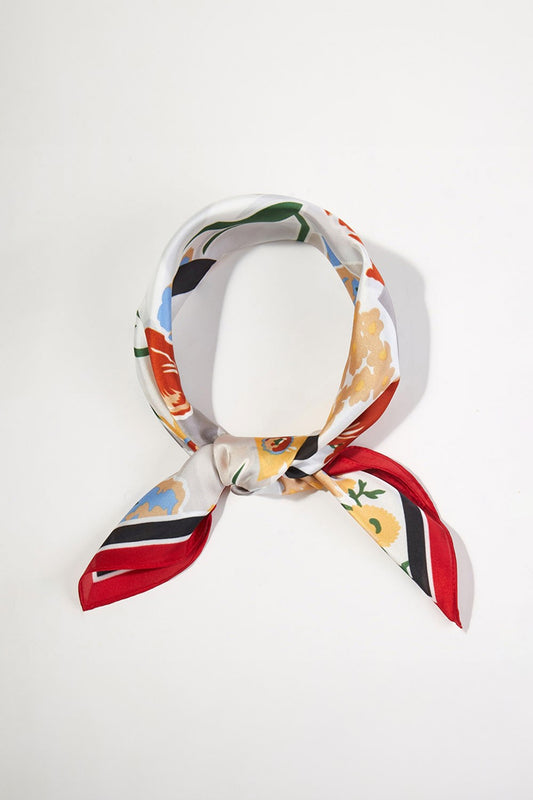 Geometric Floral Silky Bandana Scarf- Red