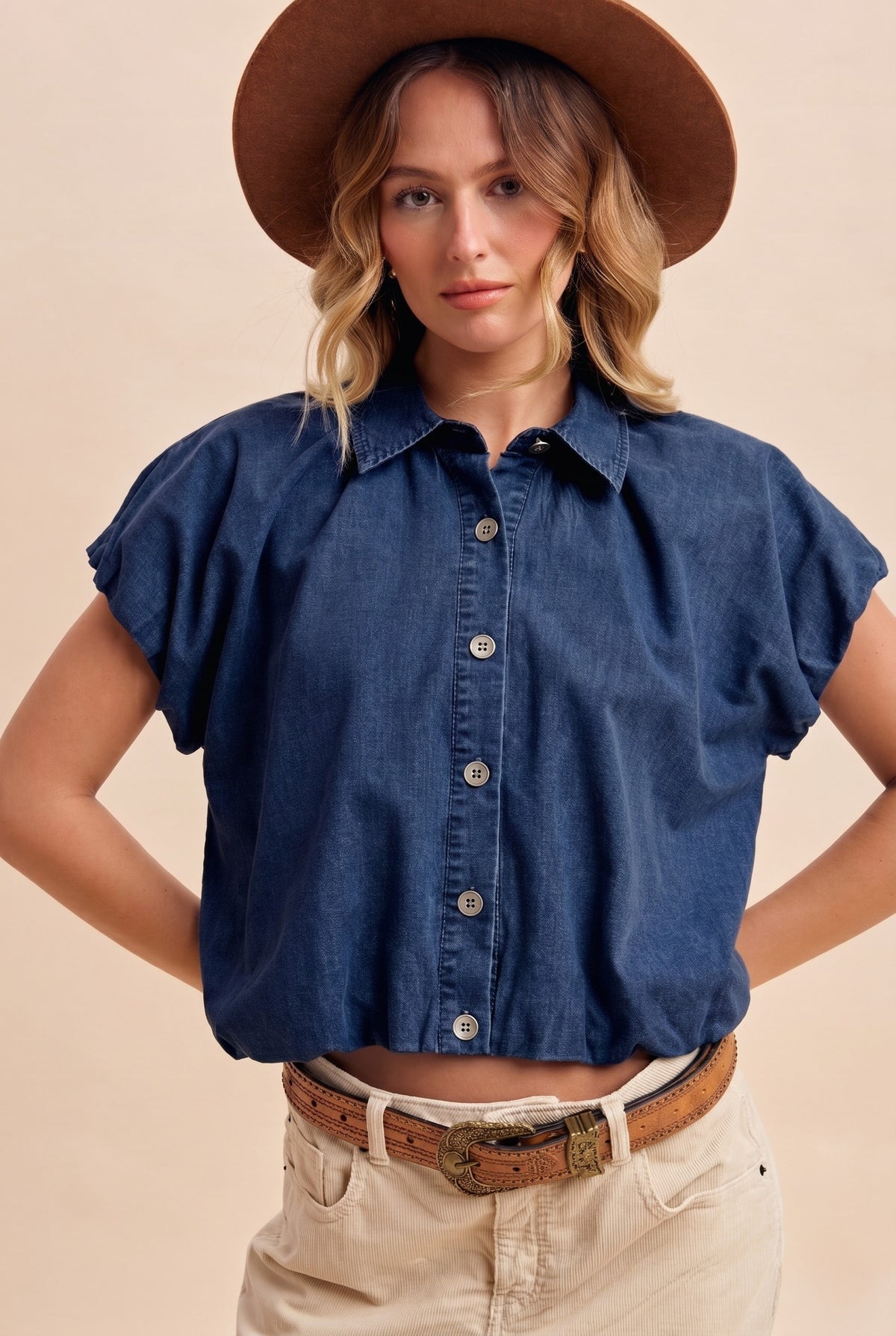 Lightweight Denim Bubble Hem Blouse