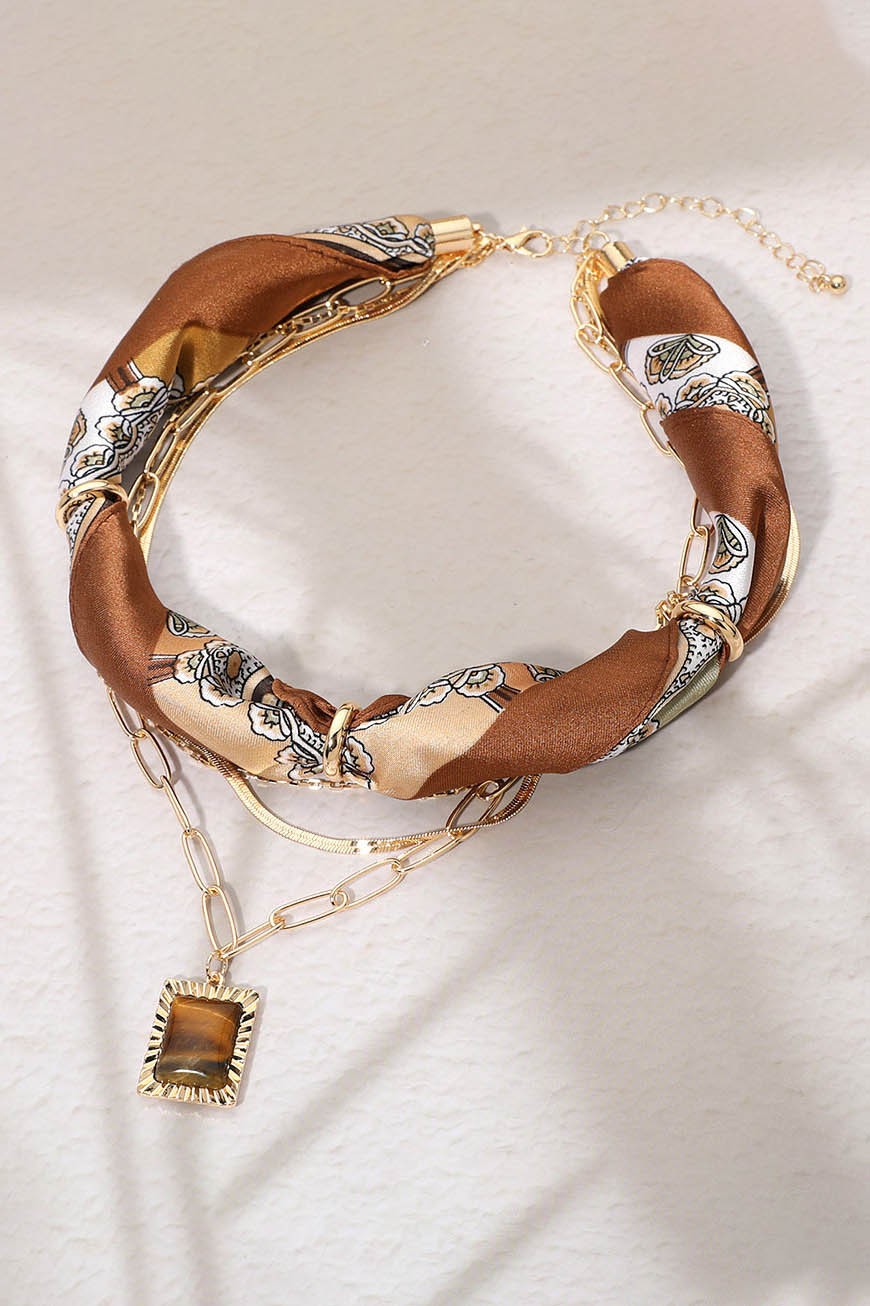 Stone Layered Fabric Scarf Necklace