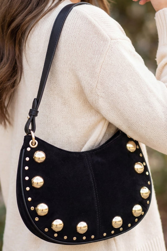 Ball Studded Suede Hobo Shoulder Bag