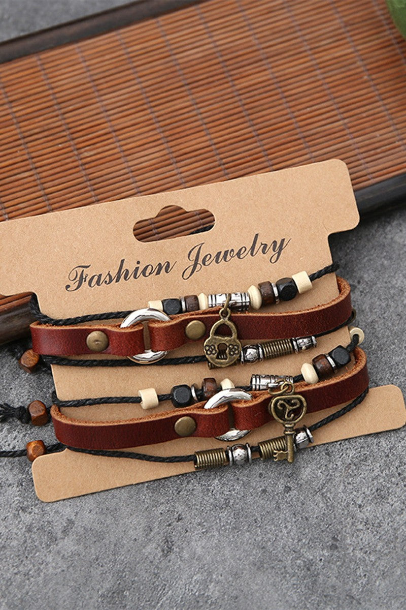 Woven Key & Lock Pu Leather Bracelet