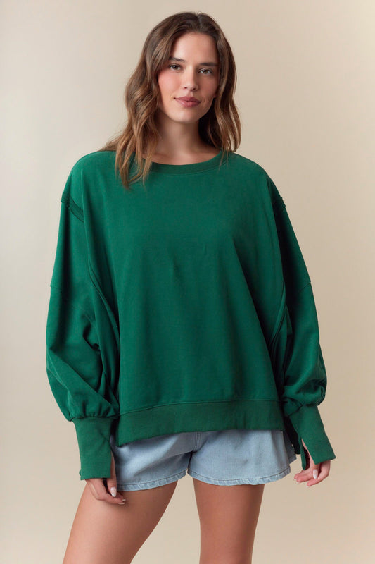 Exposed Raw Edge Seam Slitted Sleeve Sweatshirt