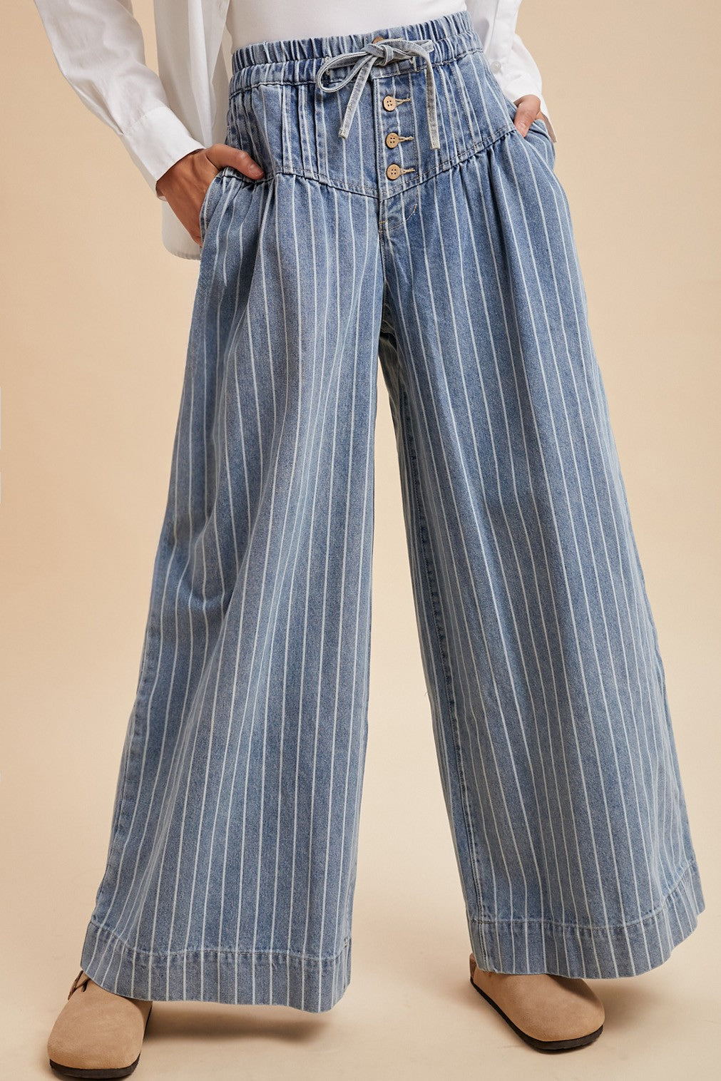 Striped Denim Pintuck Wide-Leg Pants