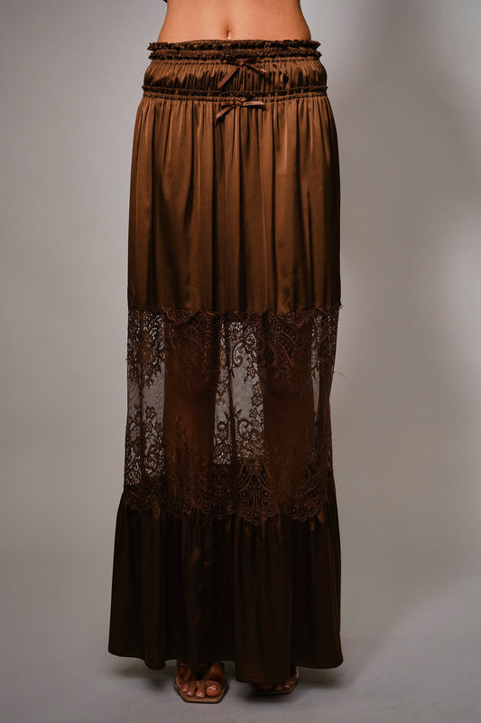 Lace Insert Satin Maxi Skirt