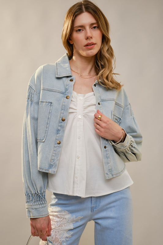 Pintuck Puff Sleeve Cropped Denim Shirt Jacket