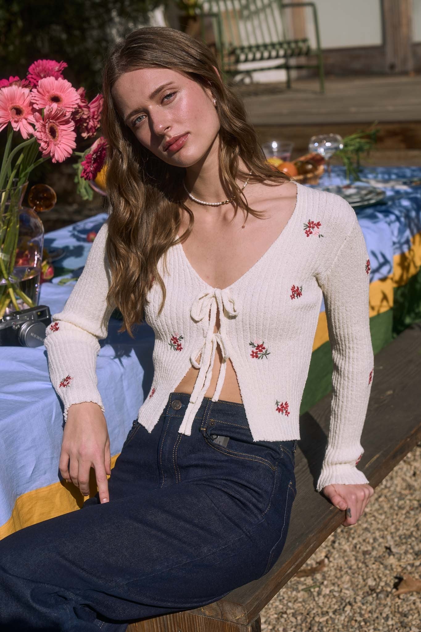 Floral Embroidery Tie Front Cardigan