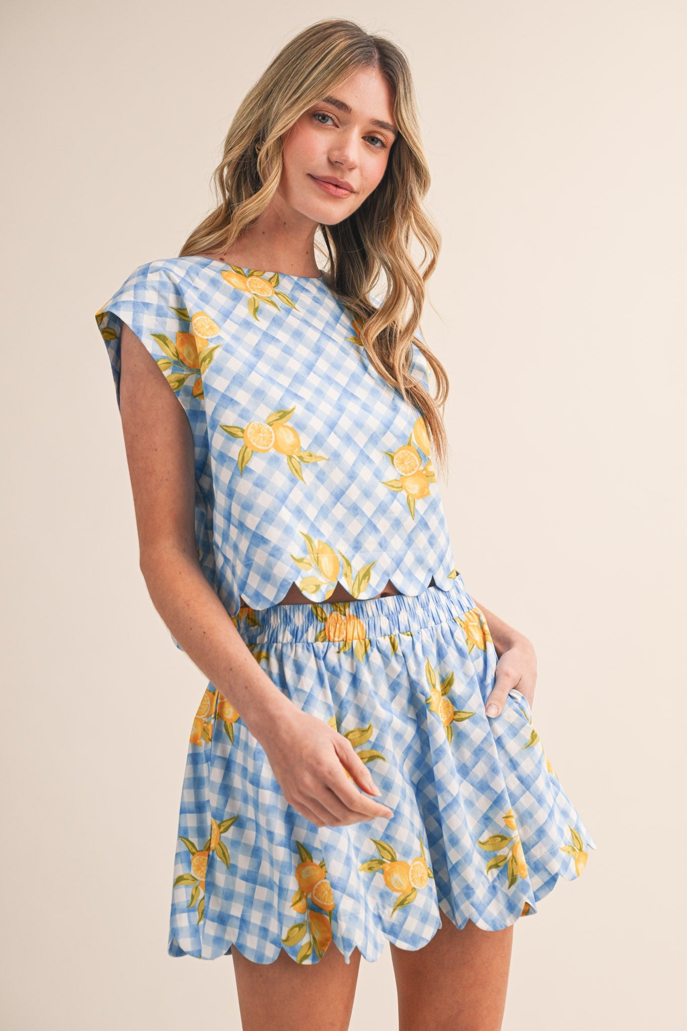 Gingham Lemon Scalloped Top & Mini Skort Set