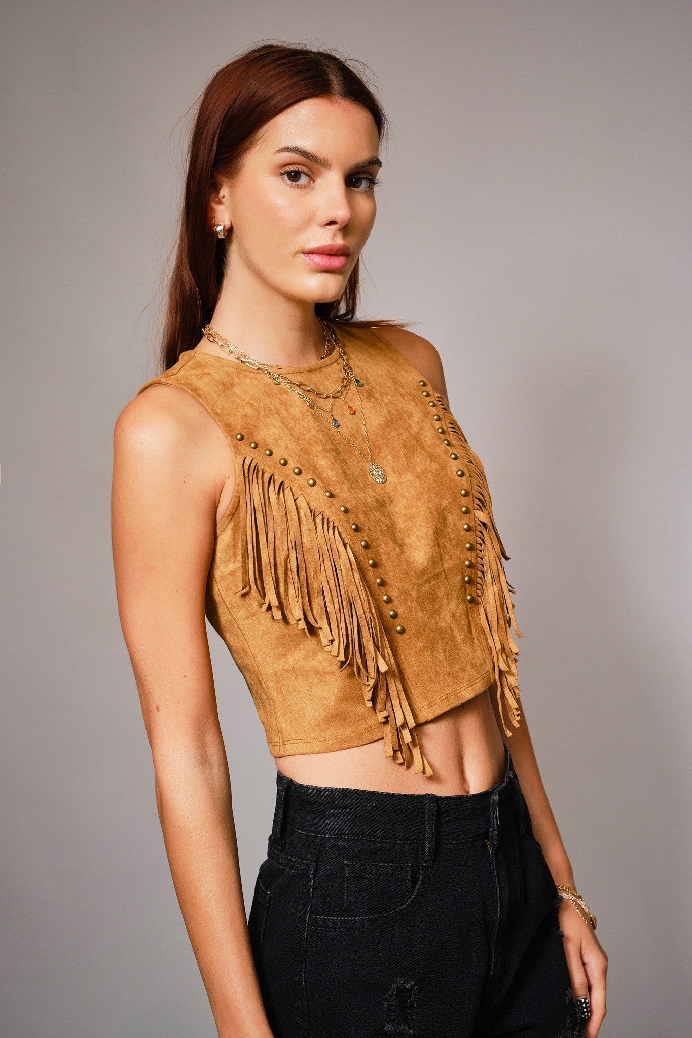 Faux Suede Fringe Crop Top