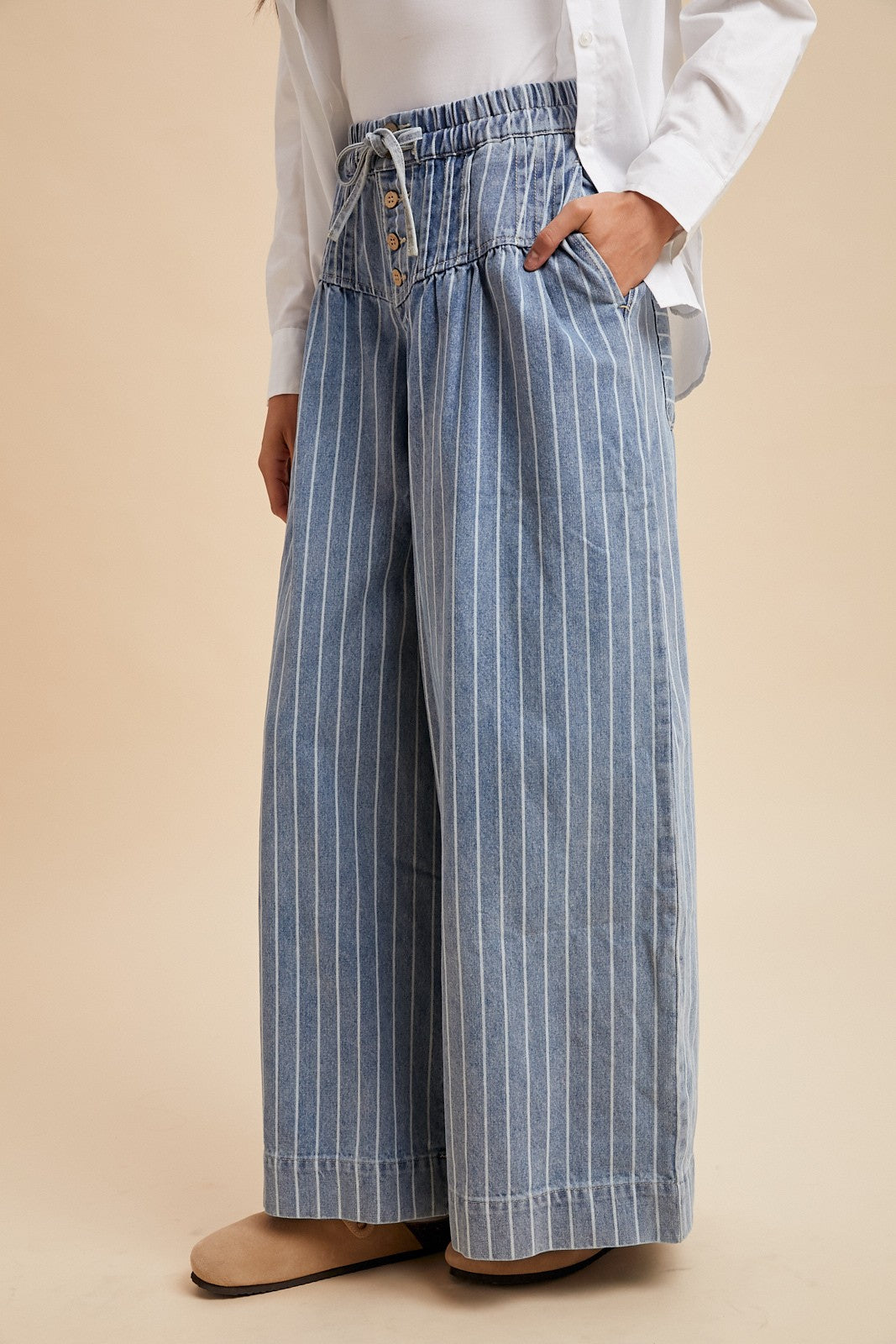 Striped Denim Pintuck Wide-Leg Pants