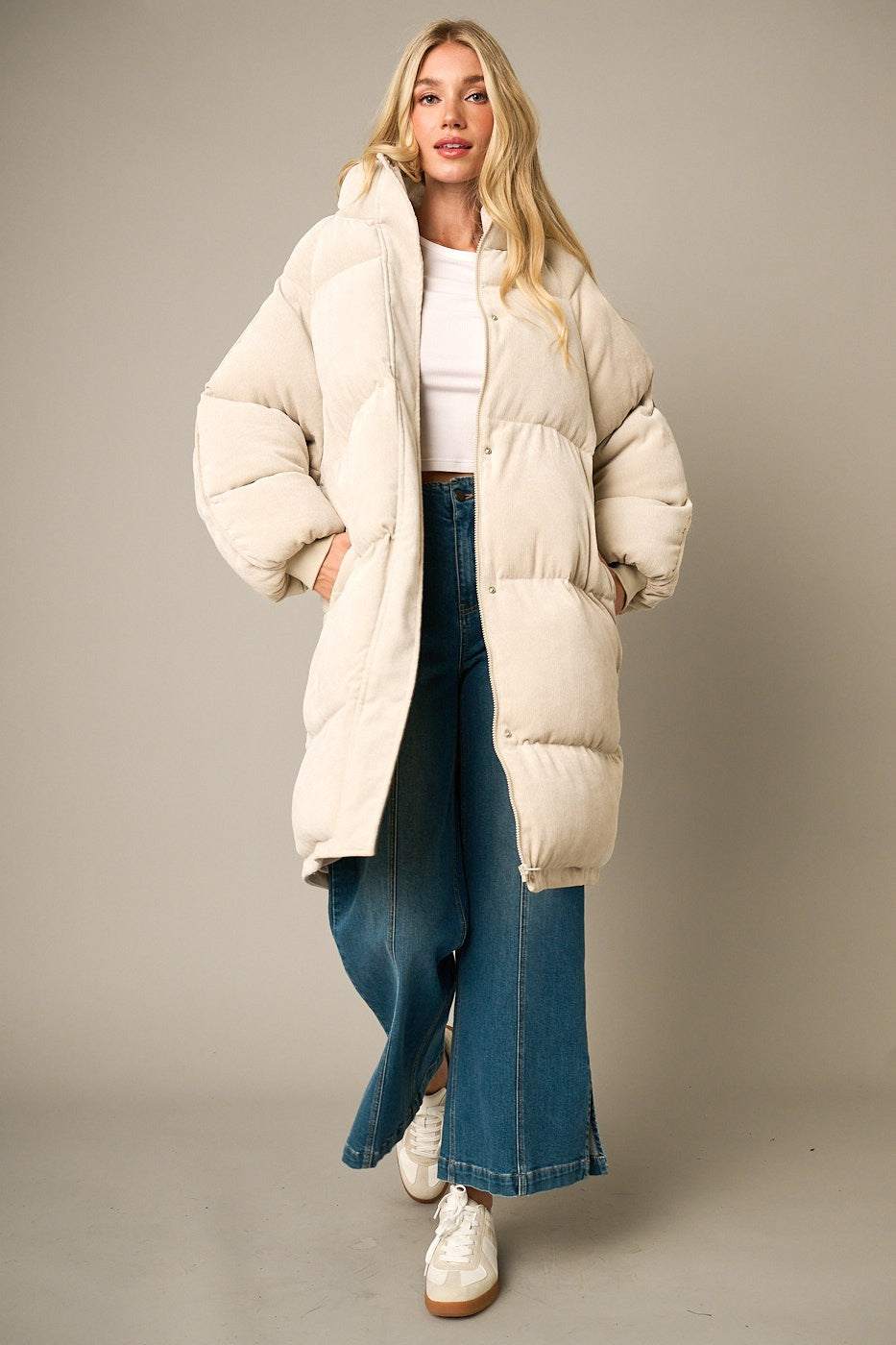 Corduroy Long Zip Up Puffer Jacket