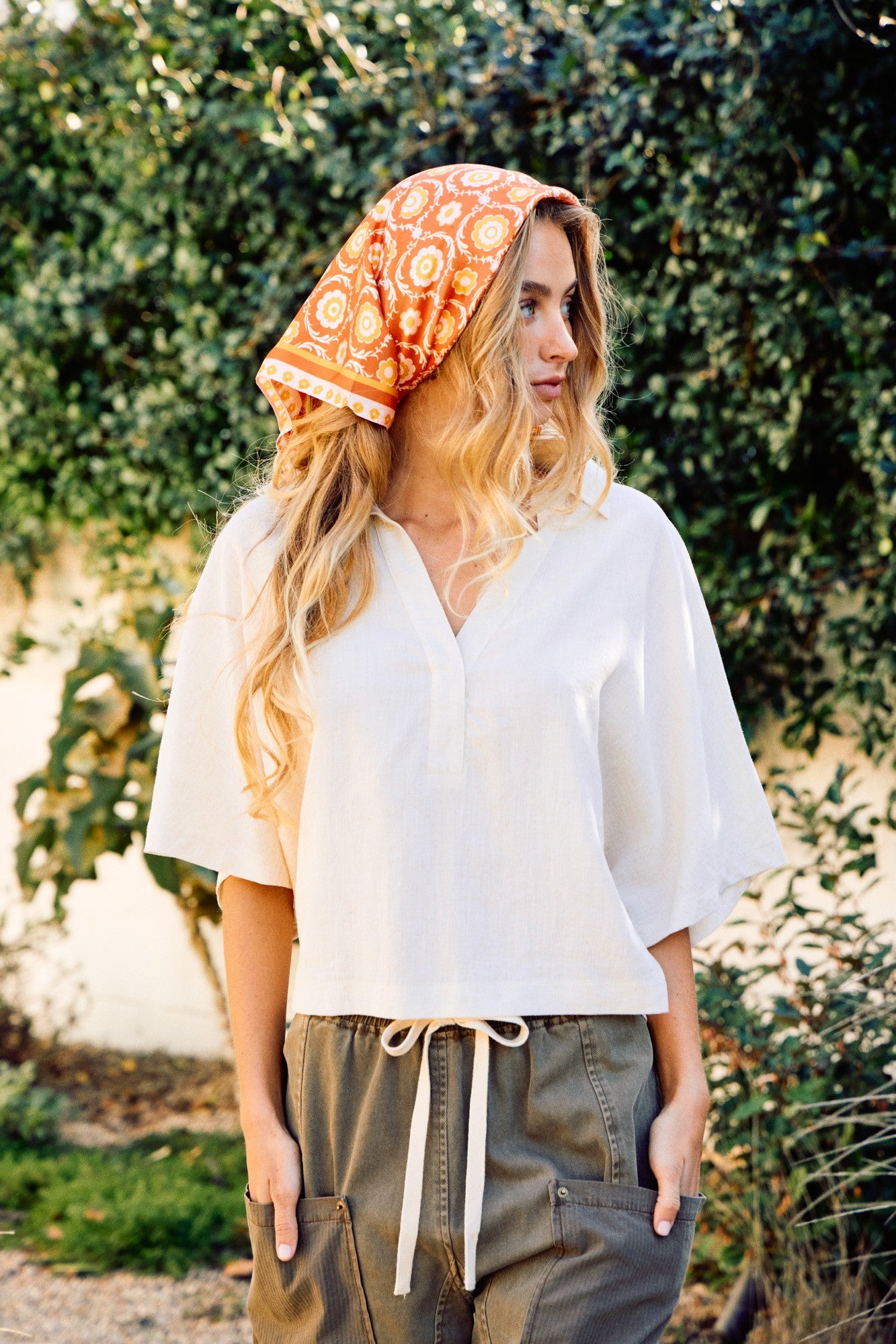 Textured Drape Sleeve Collared Blouse